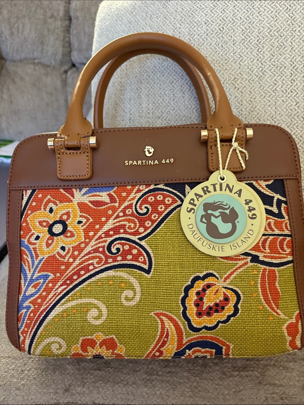 Spartina 449 Brown Leather Satchel with Multicolor Paisley Canvas